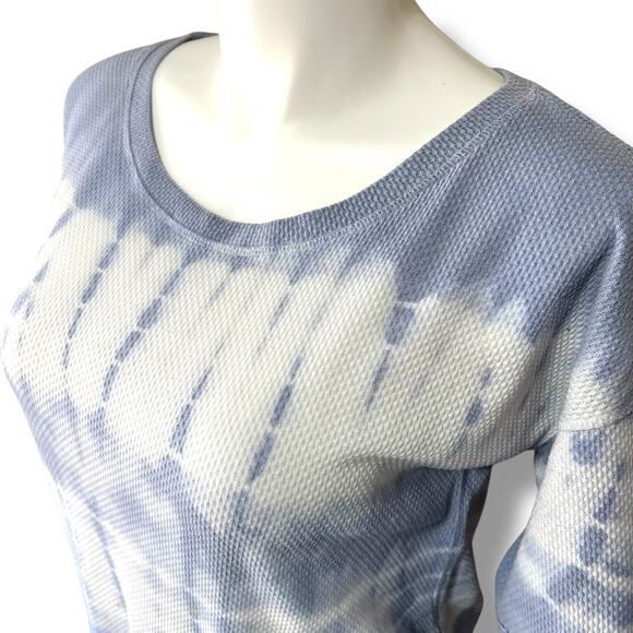 Easel Womens Waffle Knit Sweater Shirt Top Short Sleeve Tie Dye Blue White Large - Picture 2 of 11